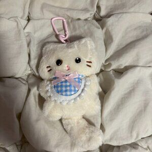 Free People White Plush Kitten Cat Bag Charm Gingham Bib